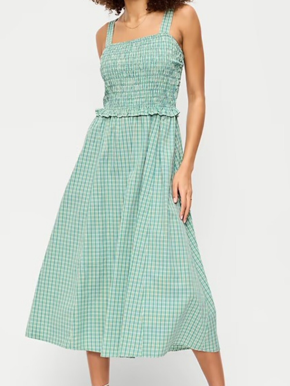 NWT -Old Navy Cotton Green Plaid Fit & Flare Smocked Bodice Midi Dress-Sz M Tall